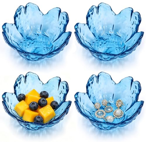 Fahibin 4Pcs Flower Glass Ring Dish, Gifts For Women Trinket Dish,Flower Shape Glass Jewelry Plate Dish, Aesthetic Jewelry Trays for Women and Jewellery Lover(Blue)