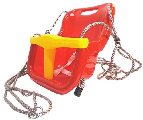 Babyschaukel Sitz mit Sicherheitsbügel & Gurt, höhenverstellbar, wetterfest, inkl. Seile & Stahlring, 2-teilig aus stabilem PE, rot/gelb, bis 25 kg, Outdoor & Garten Schaukel für Baby & Kleinkind
