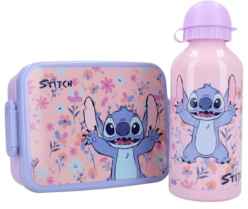 Vadobag Brotdose & Trinkflasche Disney Stitch Kinder, Geschenkset Lunchbox mit Alu-Flasche, Pausen Set für Kita Kindergarten Schule (Flieder Blumen)