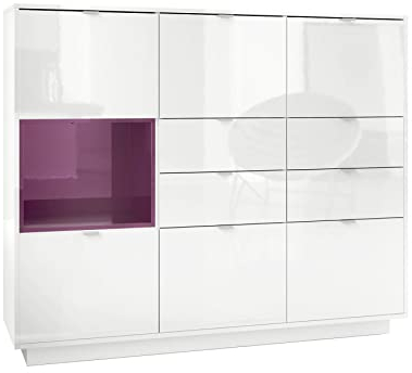 Vladon Highboard Sideboard Metro V2, Made in Germany, Korpus in Weiß Hochglanz/Fronten in Weiß Hochglanz mit Einsatz in Brombeer Hochglanz