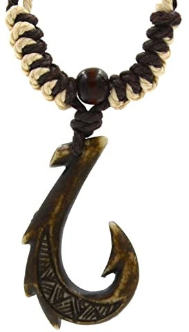 Hawaiian Jewelry Manu Makau Style Fish Hook Necklace with Hawaii Koa Wood Bead