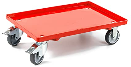 aidB Transportroller geschlossen für Euroboxen mit 2 Lenk- und 2 Bremsrollen aus Gummi, Rot, 600x400 mm, Rollwagen zum Transport von Kisten, Praktischer Kistenroller