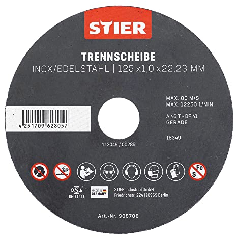 STIER Trennscheibe Edelstahl 125 x 1,0 x 22,23 mm, Form gerade