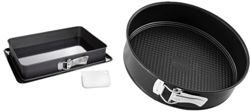 Zenker 7022 Moule à gâteaux rectangulaire à charnière, Moule Rectangle, Plat à Four, Plat à gratin & 6504 Moule à manqué à charnière, 28 cm, moule à gâteau rond, Acier inoxydable