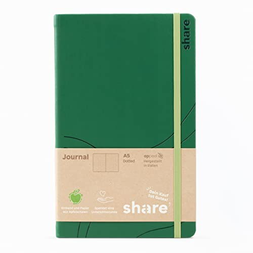 share Journal A5 punktkariert – Notizheft spendet eine Unterrichtsstunde für ein Schulkind – Upcycling Notizbuch aus Apfelschalen – grün