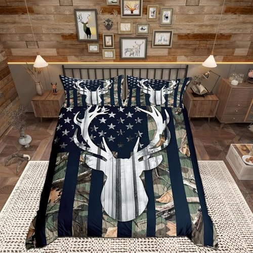 feelingyou Camo American Flag Duvet Cover Single, Grey Deer and Trees Silhouette Natural Style Comforter Cover with 1 Pillow Sham, 2 Piece, USA Flag Green Camouflage Bedding Sets for Kids Boys