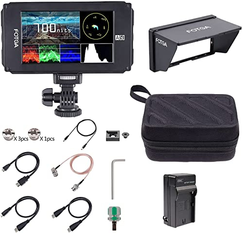 FOTGA A50TLS - Monitor per fotocamera DSLR da 5 pollici, schermo touchscreen 3D LUT 700 nit FHD IPS 1920 x 1080 HDMI 4K con borsa per il trasporto, cavo HDMI NP-F caricatore batteria