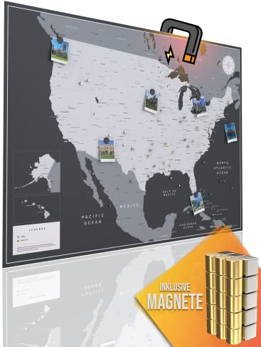 VACENTURES Magnetische Pinnwand USA-Karte XL inkl. 2 x 15 magnetische Pins I Markiere Deine Reiseziele I Sammel Fotos und Magnete I Magnet Poster - USA map (XL (84x59cm))