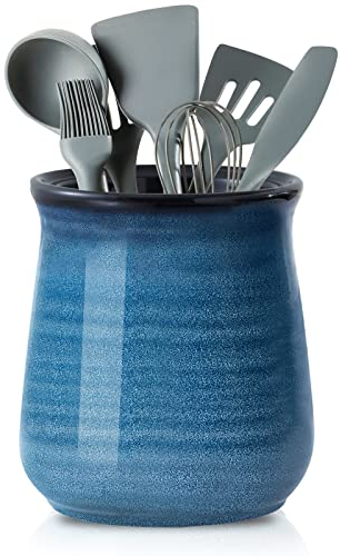 Hasense Extra Large Utensil Holder Crock for Kitchen Counter - 7.1” x 5.9” Vintage Farmhouse Blue Ceramic Caddy Utensil Organizer and Rustic Table Decor for Spatulas, Spoons, and Other Cooking Tools