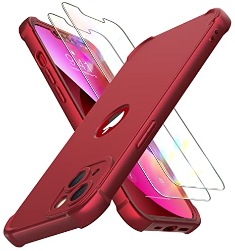ORETECH für iPhone 13 Hülle, mit 2 Stück Schutzfolie, 360 Grad Ganzkörper Stoßfest Kratzfest Silikon Handyhülle für iPhone 13 6,1 Zoll,Rot