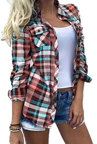 nicticsi Chemisier Femme Blouse Manches Longues Impression en Treillis Casual Boutonné Shirt Chemisier avec Poches Vintage Tops A Vert XL
