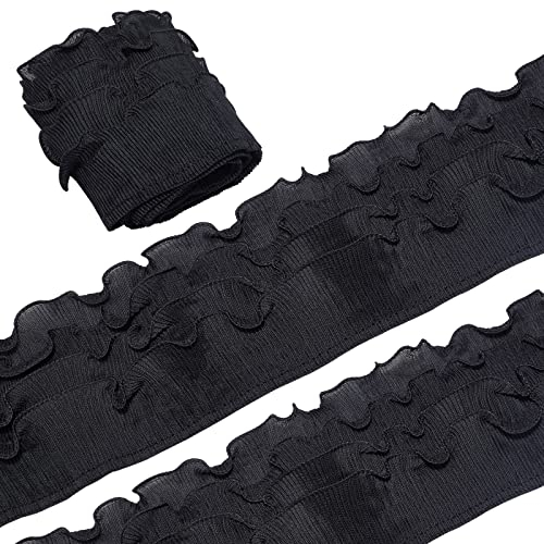 GORGECRAFT 11 cm Breites 4-Lagiges Elastisches Spitzenband Chiffonband Mit Rüschen Schwarz Plissiert Spitzenkantenbesatz Geraffter Saum Stoff Für Hochzeitsfeier Kleid Stoffapplikationen Verzierungen