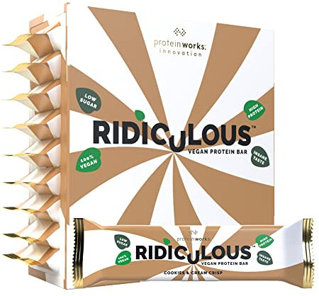 Protein Works - Ridiculous Vegan Protein Bar , Award Winning - 100% Plant Based & Palm Oil Free , High Protein , Cookies 'n' Cream Crisp - 9 Bars