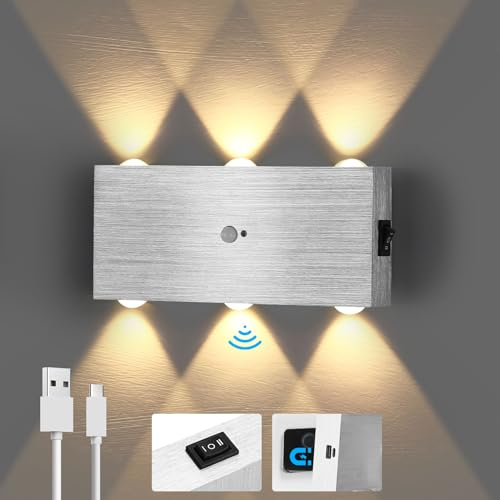 Lightess Akku Wandleuchte mit Bewegungsmelder LED Wandlampe ohne Stromanschluss Batterie Licht 6W Kabellose Lampe mit Schalter für Schlafzimmer Flur Trepenhuas Wohnzimmer Warmweiß