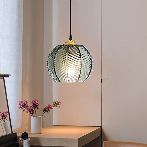 Suspension en verre vintage,luminaires suspendus en verre vert,suspensions Îlot de cuisine avec abat-jour en verre nervuré fabriqué à la main,lampe suspendue pour évier de salon de chambre (1 Pack )
