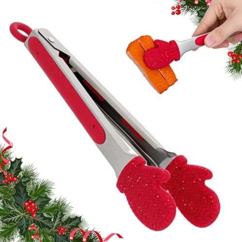 Hemoton Küchenzange Weihnachten mit Silikonspitzen Handschuh Motiv, 24cm Edelstahl Grillzange Mittelgroß, Hitzebeständige Servierzange für Heißluftfritteuse, Kochzange Rot für Salat Buffet