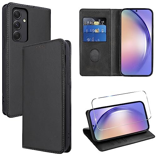Vauki Funda Cuero para Samsung Galaxy A54 5G con 1 Cristal Templado Carcasa PU Tipo Cartera Soporte Tarjetas Case Ranuras Soporte Plegable Tapa Libro Movil Flip Caso para Samsung A54 5G 6.4, Negro