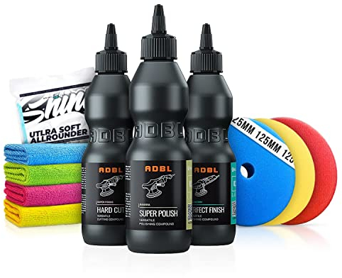 Autopolitur Set: ADBL Schleif- und Glanzpolitur 200ml + Zur Beseitigung von allen Kratzern - Für alle Lacke - Exzenter oder Rotation - Auto polieren, Politur, Schleifpaste | 10-teilig