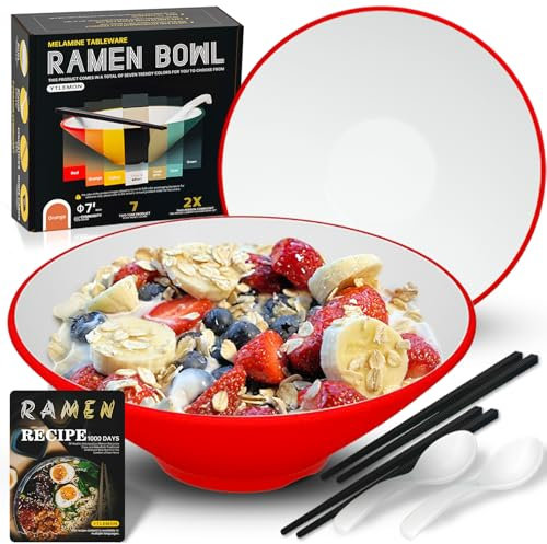YTLEMON Plastic Ramen Bowl Set of 2 - Japanese Salad Noodles Cereal Fruit Pasta Soup Large Bowls 2×600 ml with Electronic Recipes Chopsticks and Spoons for Camping Party Men and Women Gifts Ideas