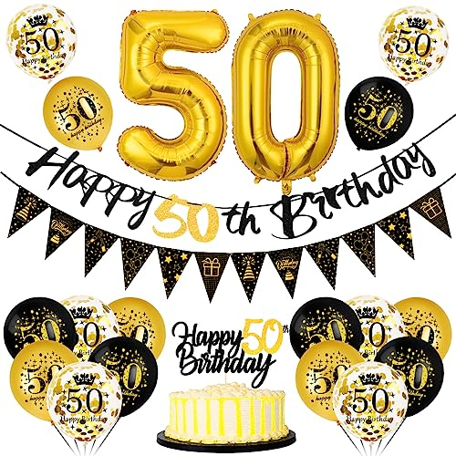 Bluelves 50. Geburtstag Deko Set: Schwarz-Gold Luftballons, Banner, Wimpelkette, Folienballon 50, Cake Topper für 50. Geburtstag Party Dekoration