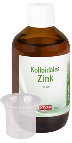 Kolloidales Zink Konzentration 100 ppm, 250 ml inkl. Dosierbecher | Reinheit 99,99 %, Laborqualität, Bidestilliertes Wasser