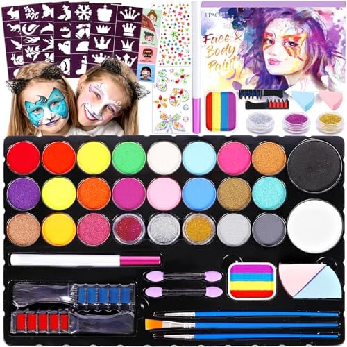 LPAOIS Pinturas Cara para Niños Pintacaras Infantil 27 Colores Pintura Cara Niños,Pintura de Cara para Niños con Plantillas y Pinceles,Gemas,Maquillaje de Halloween,Colores de Pintura Corporal