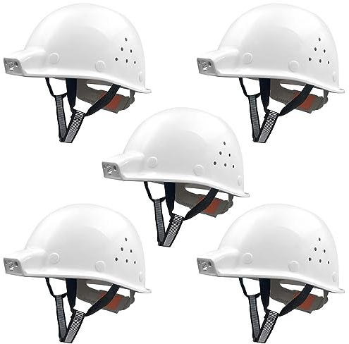 Mustbau Bauhelm EN397 mit LED-Beleuchtung, USB, wiederaufladbar, Sicherheitshelm mit 2 Beleuchtungsmodi, 53 bis 62 cm, Kopfumfang verstellbar (weiß, 5 Stück)