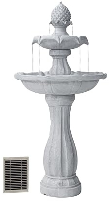 XBrand Fontaine à eau solaire à 2 niveaux en fibre de verre/résine blanche de 111,8 cm de haut avec panneau solaire et pompe d'arrêt automatique pour décoration de maison, jardin, cour