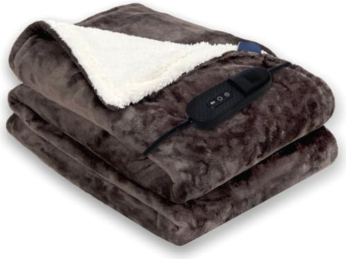 Luvego Wärmeunterbett mit abschaltautomatik - Wärmedecke elektrisch, 180 x 130cm, 9 verschiedene Wärmestufe, Wärmeunterbett aus Superweichem Flanell- und Sherpa-Fleece, Handwaschbar, Dunkelbraun