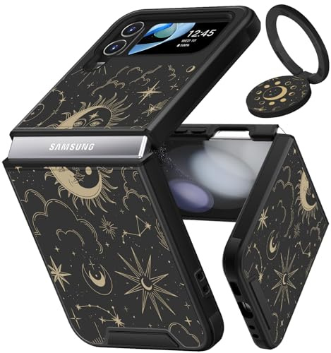 Funermei for Samsung Galaxy Z Flip 4 Case - Women Girls Sun Moon Cute Phone Cover Teens Pretty Aesthetic Stars Design with Ring Stand Luxury Cool Funda for Samsung Z Flip 4 Cases 6.7'' (2022)