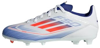 adidas Unisex Kinder F50 League Football Boots Firm Ground, Cloud White/Solar Red/Lucid Blue, 28 EU