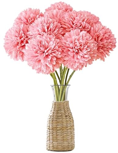 MUYAPAY 12 Pièces Fleurs Fleurs Artificielles Hortensia Artificielles en Boule de Chrysanthème Soie Hortensia Bouquet Fleurs Artificielles,pour La Maison Garden Party Office Décoration(Rose)