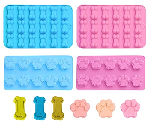 MisFun 4 Piezas Moldes de Silicona, Molde de Chocolate, Moldes Galletas, con Pata de Cachorro y Forma de Hueso, Antiadherente, para Bombones, Galleta, Caramelos, Gelatinas, Bocadillos para Perros