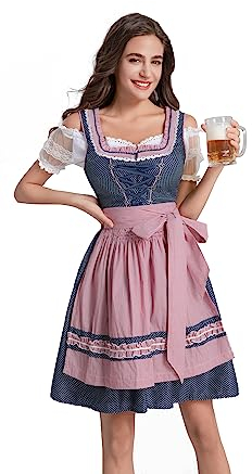 Dresime Dirndl Damen Midi Trachtenkleid Damen Blau Rose Kleid inkl.Dirndlbluse für Oktoberfest Outfit