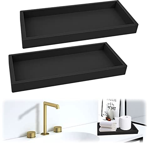 2 Pieza Bandeja de Baño, Bandejas Decorativas Modernas Bandeja Decorativa Rectangle Bandeja Encimera Baño Bandeja de Tocador para Velas, Jabón,Toalla,Planta,Perfumero (20 * 10 * 1.8CM, Negro)