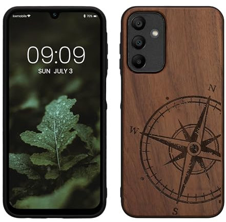 kwmobile Hülle kompatibel mit Samsung Galaxy A15 5G Hülle - Holz Case - Handy Cover - TPU Handyhülle in Dunkelbraun Kompass Vintage