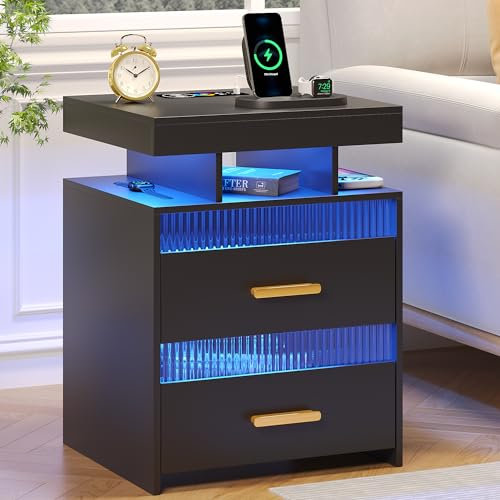 LED Nachttisch mit Ladefunktion & RGB Licht: Beistelltische mit Menschlichen Körper Induktion 24 Farben Lichter, Nightstand mit 2 Schublade Holz Nachtkommode für Schlafzimmer/Wohnzimmer, Schwarz