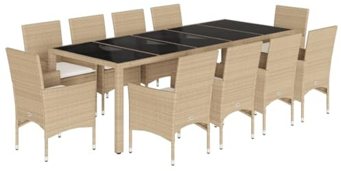 vidaXL Garten Essgruppe 11-TLG., Gartenmöbel Set mit Kissen, Gartengarnitur Tisch 10 Stühle, Lounge Sitzgruppe Sitzgarnitur, Beige Poly Rattan Glas
