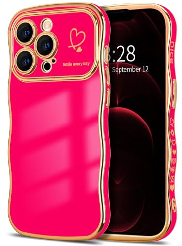 Hython for iPhone 12 Pro Case Wave Wavy Phone Cases with Love Heart, Luxury Plating Edge Cute Curly Shape Cover for Women Girls, Thin Slim Soft TPU Rubber Shockproof Protective Cover, Hot Pink