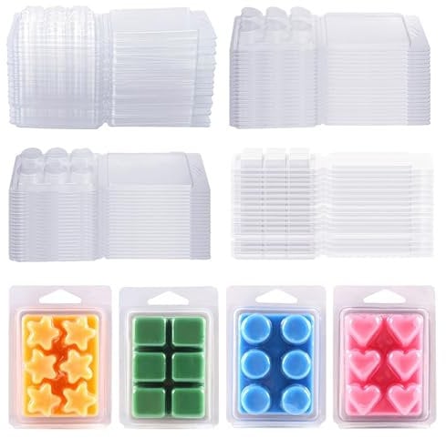 100 Packs Clear Wax Melt Moulds, 6 Cavity Clear Plastic Tray for Candle Making and Soap Wax Melts Boxes (Heart & Star Shape & Cube & Cylinder)