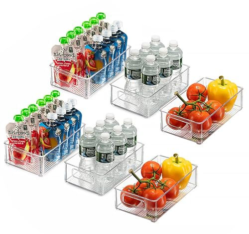 YOUNTHYE Fridge Organisers Set of 6, Clear Fridge Storage Containers with Handle, 3 Sizes Fridge Containers Stackable Freezer Storage Containers for Pantry, Kitchen, Cabinets, Cosmetics