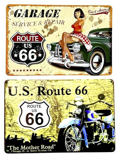 DiiliHiiri 2 x Poster, klassische amerikanische Autos und Motorräder, 50er-Jahre, 30 x 20 cm, Retro-Schild, Route 66, amerikanische Dekoration, Vintage, USA (2635-267-304)