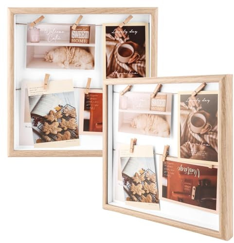 DAJAVE 2 Stück Bilderrahmen Collage Wäscheleine mit Klammern, 3D Bilderrahmen zum Befüllen 30x30cm, bilderrahmen Geldgeschenk, Fotoboard zum Aufhängen 6 Fotos 10x15 cm, Natur