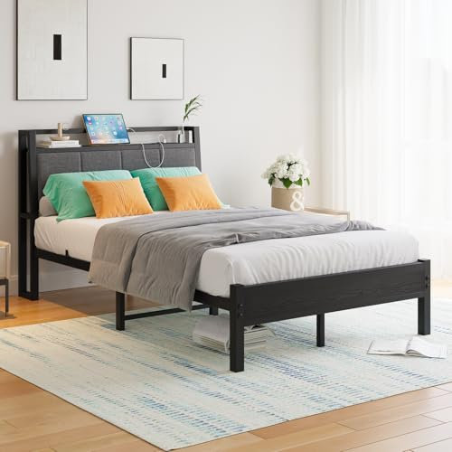 FOUBAM Metallbett Bettgestell 120x200 mit Ladestation,Bett 120x200cm,Ergonomie Robustes Metallbett mit Holz Stauraum-Kopfteil aus Stoff,Gästebett Doppelbett/Einzelbett Bettrahmen, Schwarz