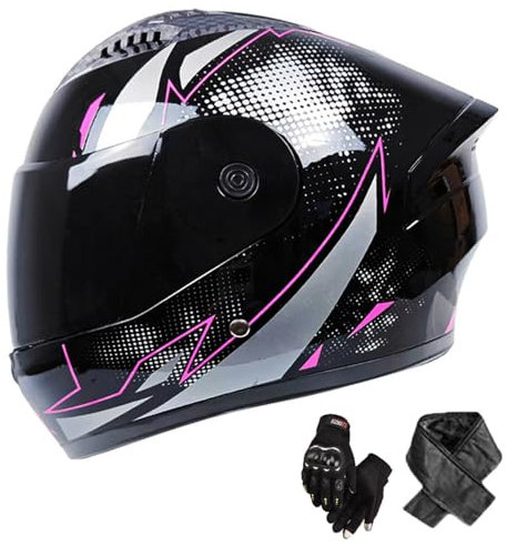 Motorradhelm Damen Herren Full Face Helm Retro Vollvisierhelm DOT/ECE-Zertifizierter Mit Doppelvisier Klapphelm Helm Motorrad Downhill Helm Mopedhelm Schutzhelm Für Cruiser Chopper,Pink/B-55~61CM