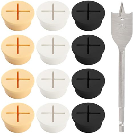 Lyeteung 12 Piezas 25mm Pasacables Escritorio, Pasacables de Silicona Flexible, Ojales de Escritorio, Tapa Pasacables Mesa Oficina, con Taladro, para Oficina, Muebles, Negro/Blanco/Amarillo