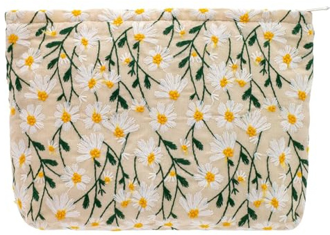 SSyang Kosmetiktasche, Kulturtasche Segeltuch Mäppchen Make Up Schminktasche Lila Blumen Waschtasche Travel Cosmetic Organizer Portable Multifunktionaler Reisen Kulturtasche,Chrysantheme (Beige)