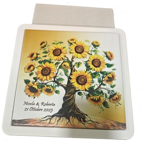 OGGETTANDO Sottopentola Quadretto Albero della Vita Girasoli Ceramica PERSONALIZZABILE scatola Bomboniera, Nascita, Matrimonio, Battesimo, Comunione, Laurea, Cresima,18/25/50 anni (22x22)
