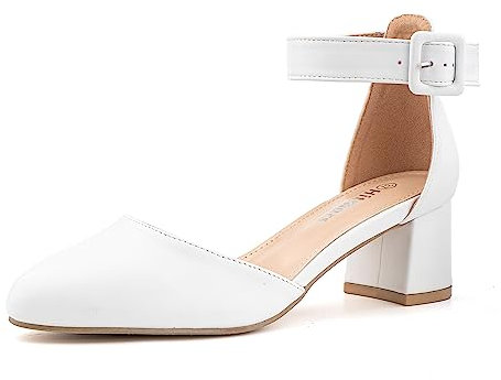Hitmars Ladies Mid Heel Sandals Court Shoes for Women Low Block Heel Sandals Strappy Pumps Wedding Prom Party Elegant Ankle Strap Evening White UK 4