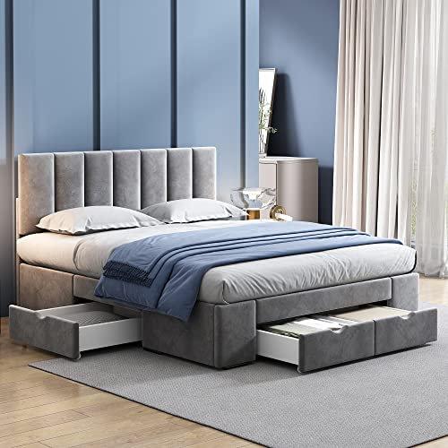 Polsterbett 140 x 200 cm Samt, Mit Lattenrost, mit Rückenlehne, mit 4 Schubladen, grau